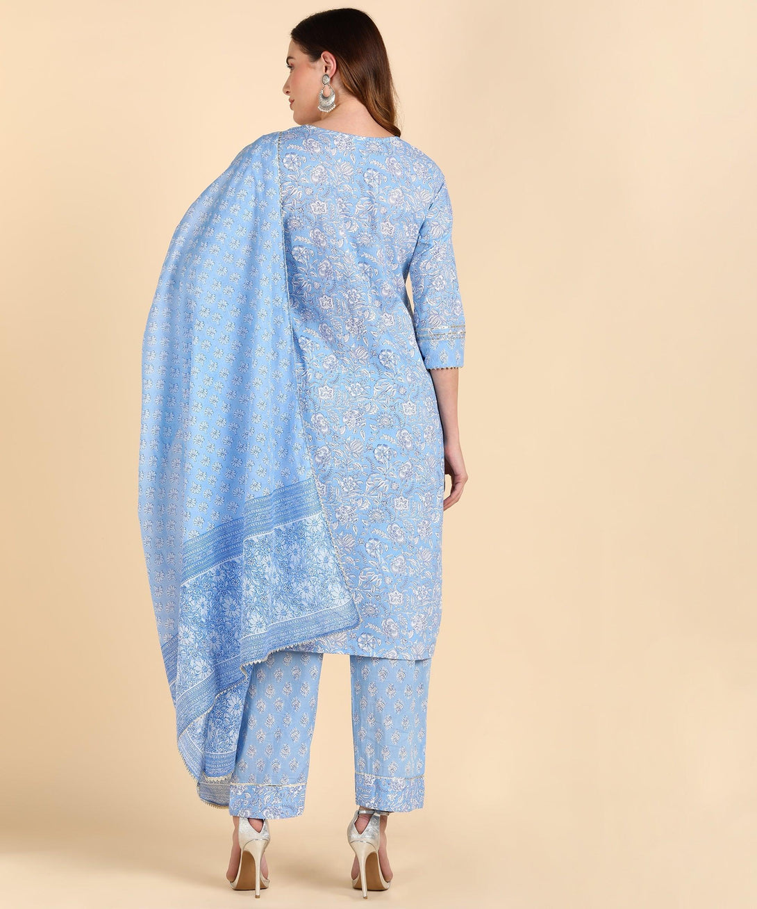 Women's Cotton Blue Printed Kurta Pant With Dupatta - Noz2Toz - Indiakreations