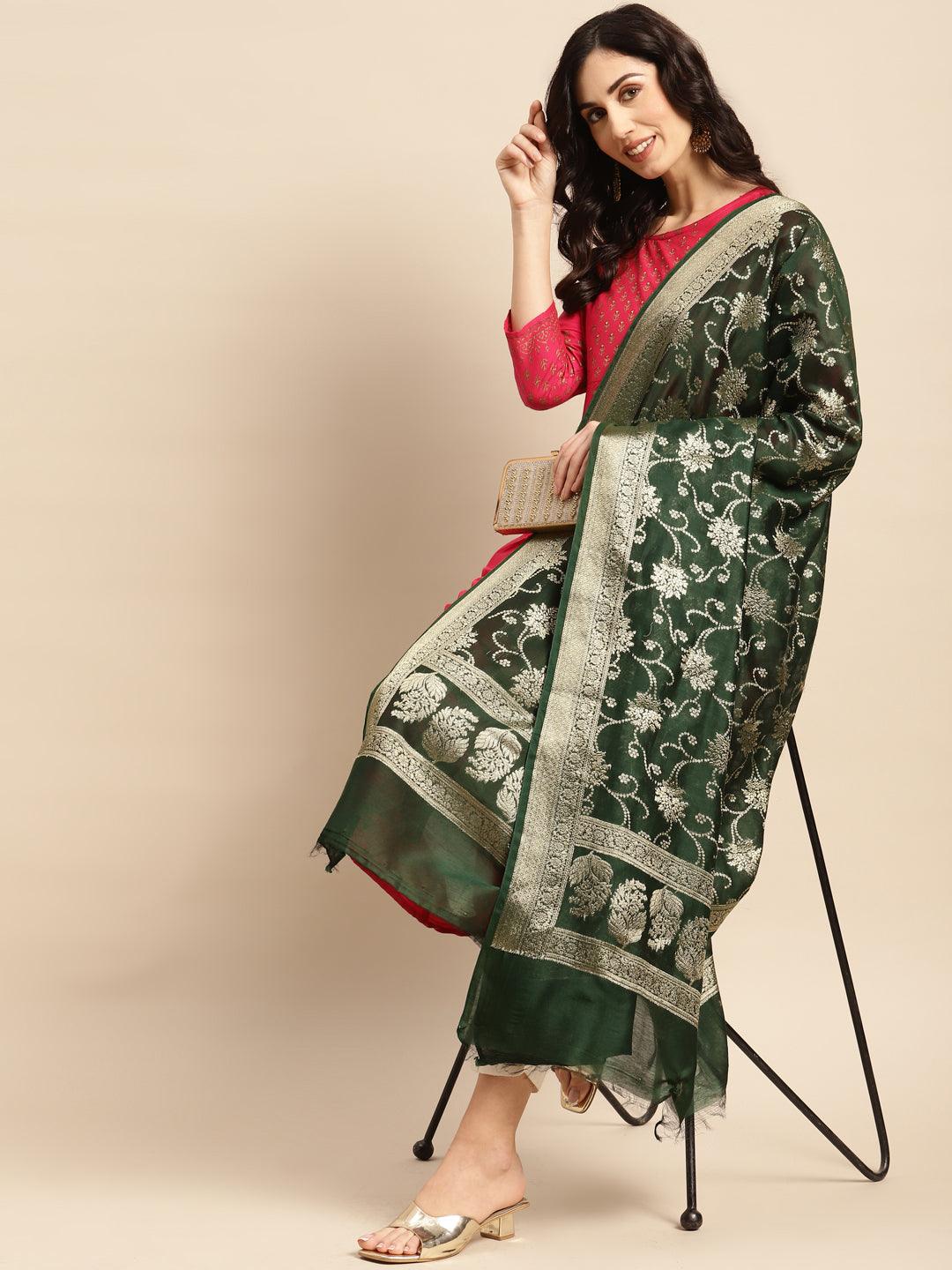 Women's Green Color Ethnic Motifs Woven Design Dupatta With Zari - Varanasi - Indiakreations