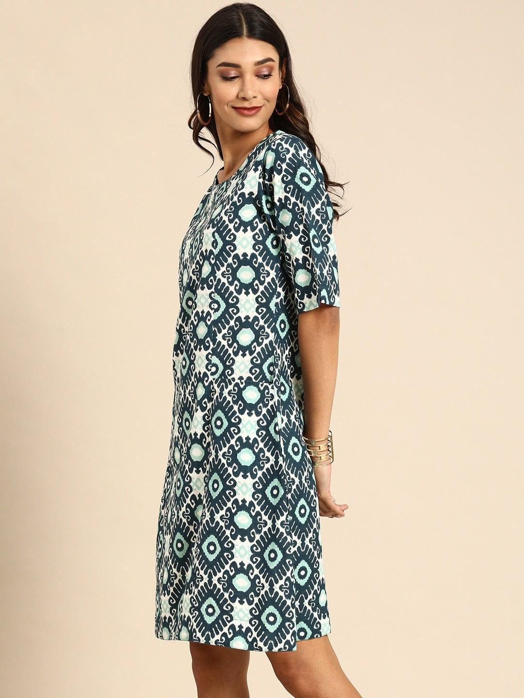 White & Teal Blue Printed A-Line Panelled Dress with Pockets - Indiakreations