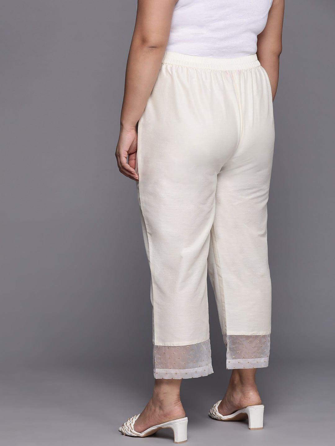 Varanga Women Plus Size Off White Floral Embroidered Cropped Trousers - Indiakreations