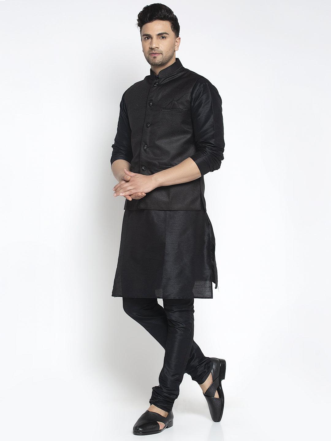 Men's Silk Blend Black Kurta With Pyjama & Black Nehru Jacket - Benstoke - Indiakreations