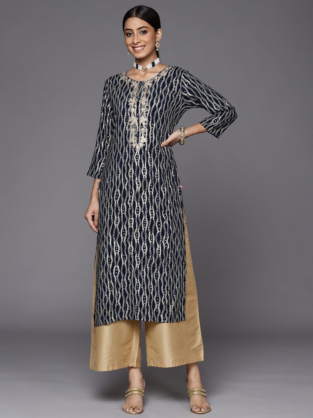 Varanga Women Navy Blue & Cream-Coloured Printed Gotta Patti Indigo Kurta - Indiakreations