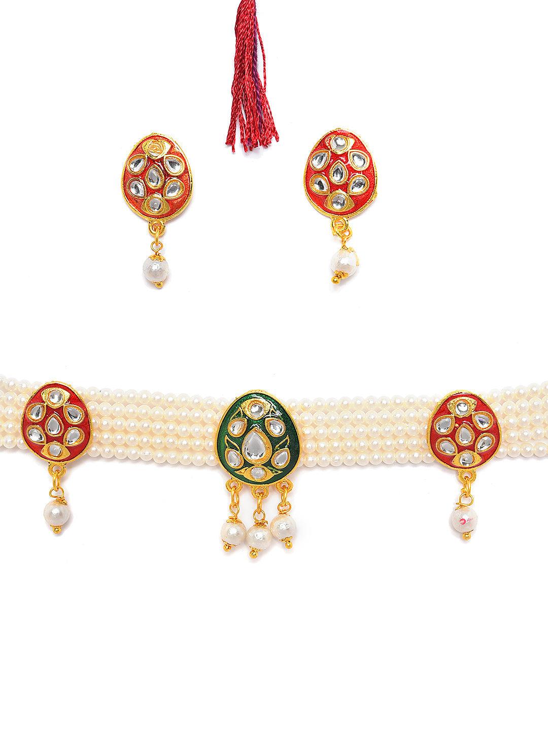 Women's Gold-Plated White Kundan-Studded & Beaded Jewellery Set - Jazz And Sizzle - Indiakreations