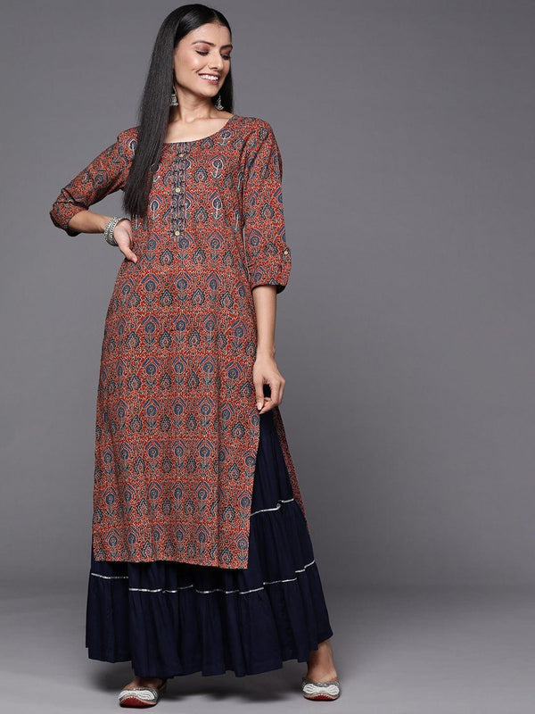 Varanga Women Rust & Blue Ethnic Motifs Printed Indie Prints Kurta - Indiakreations