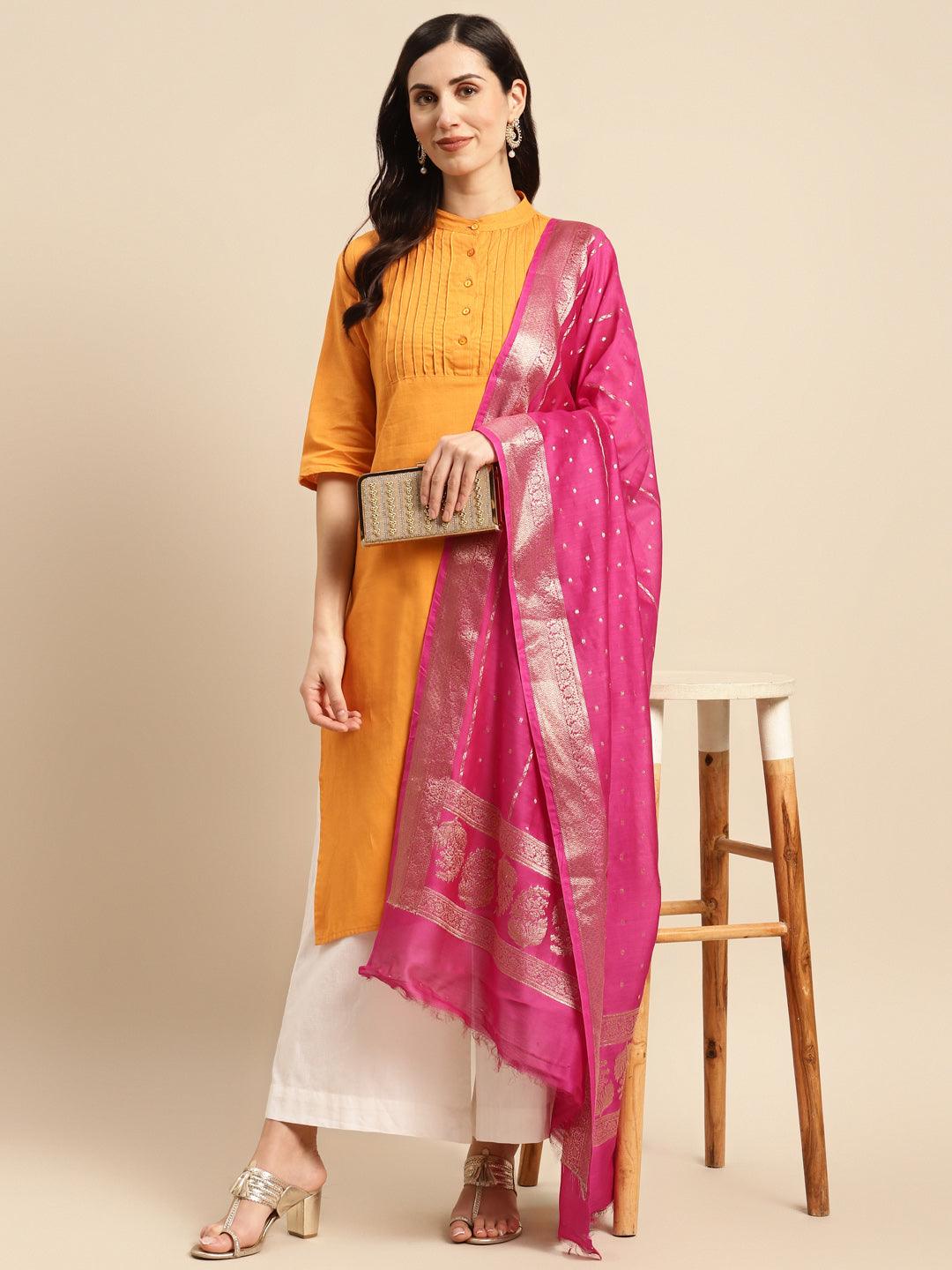 Women's Pink Color Ethnic Motifs Woven Design Dupatta With Zari - Varanasi - Indiakreations