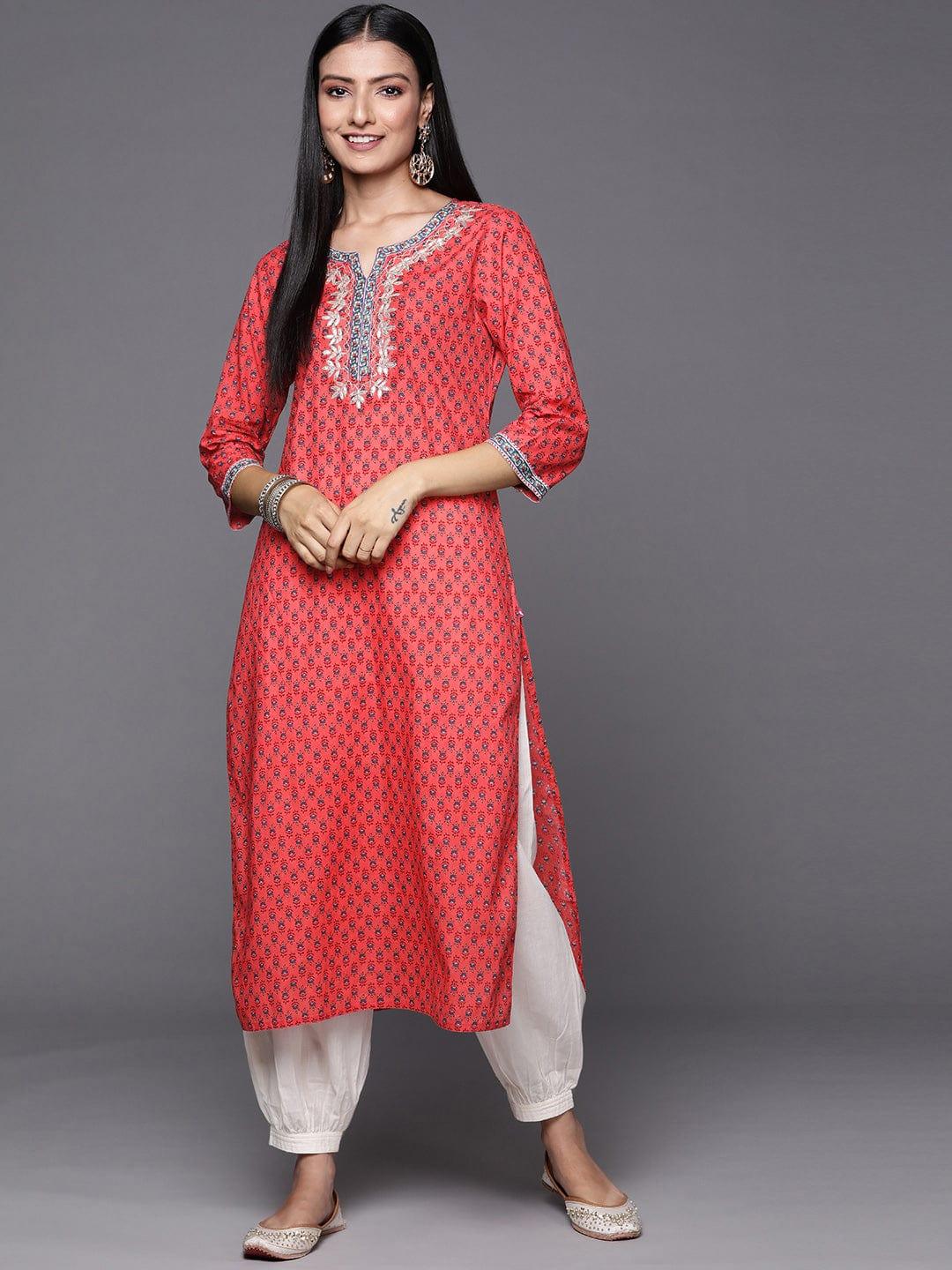 Varanga Women Coral & Blue Floral Printed Gotta Patti Floral Kurta - Indiakreations