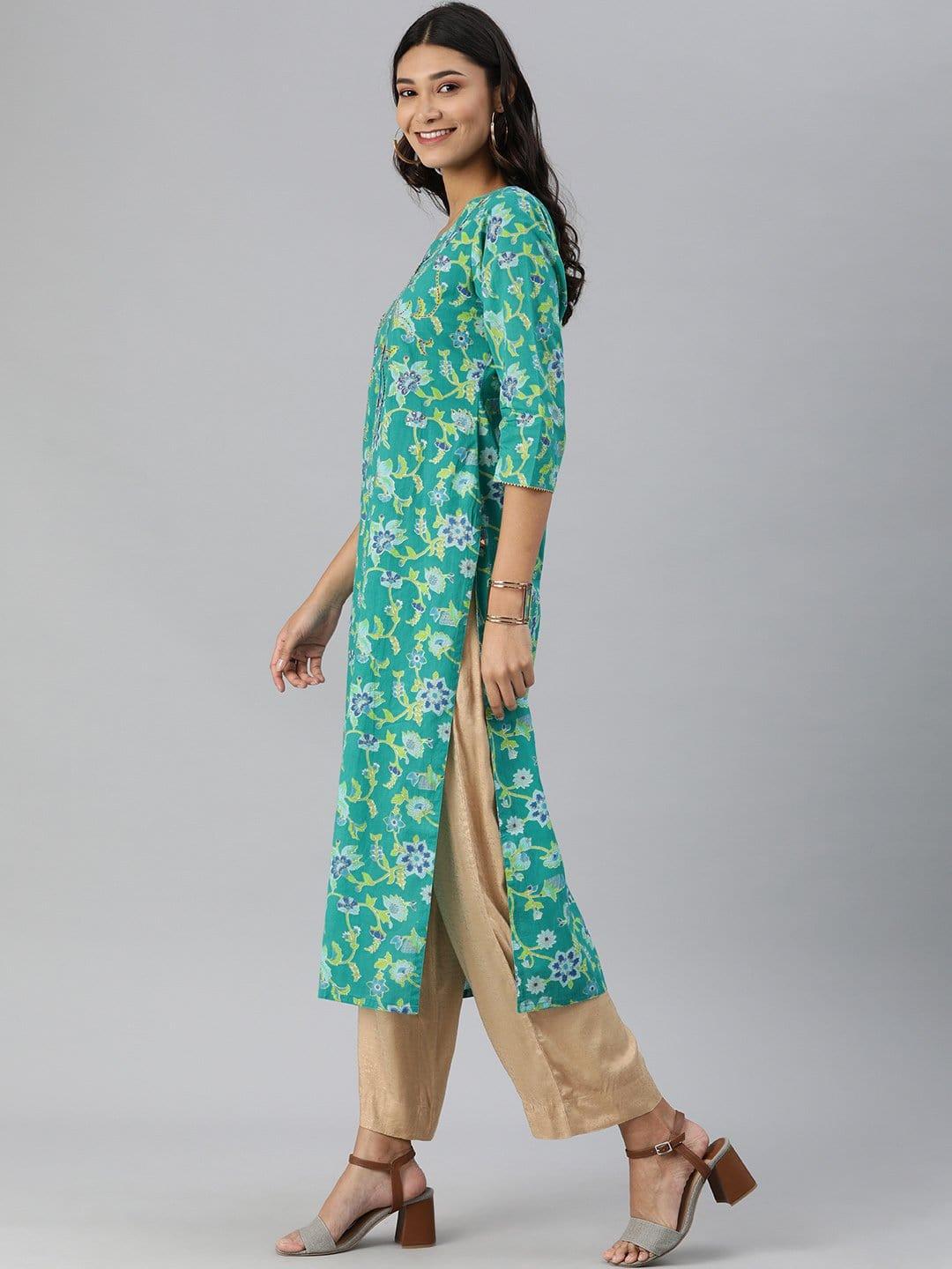 KSUT Turquoise Floral Printed Straight Kurta With Sequins Work Yoke - Indiakreations