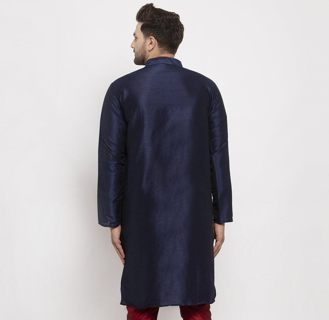 Men's Silk Blend Navy Blue Straight Long Kurta - Benstoke - Indiakreations