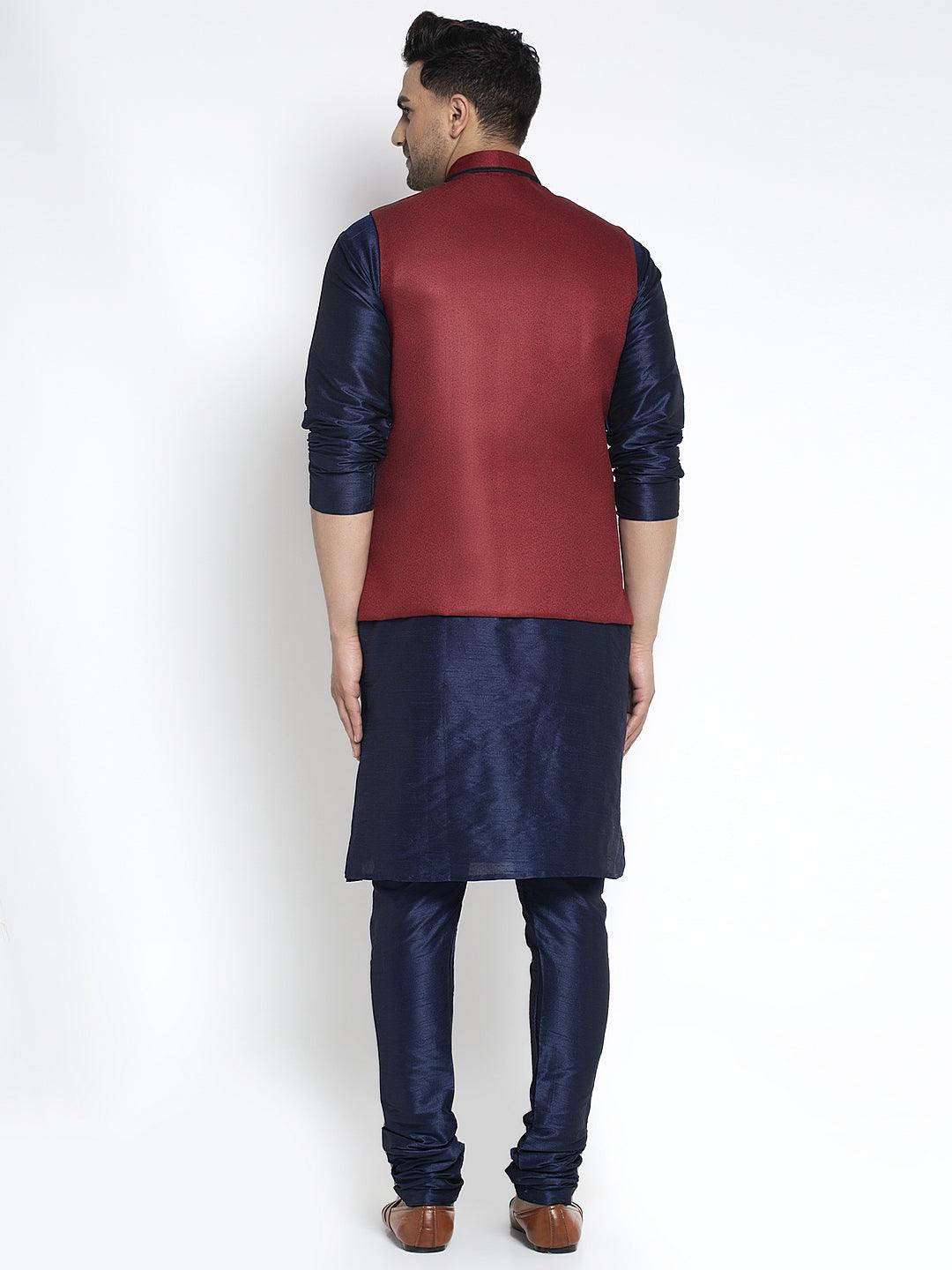 Men's Silk Blend Navy Blue Kurta With Pyjama & Maroon Nehru Jacket - Benstoke - Indiakreations