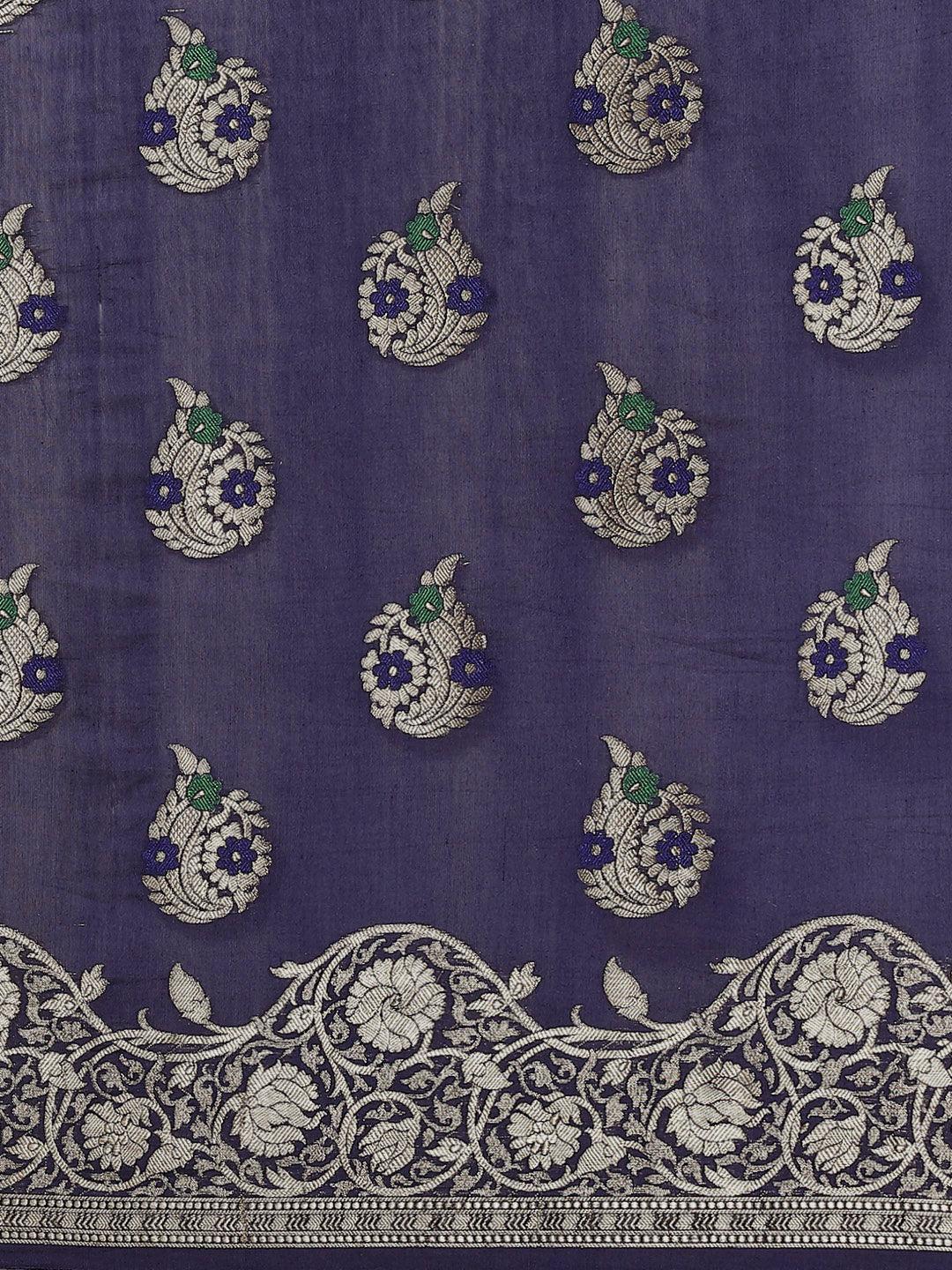 Women's Navy Blue Pure Cotton Silk Cutwork Saree - Varanasi - Indiakreations