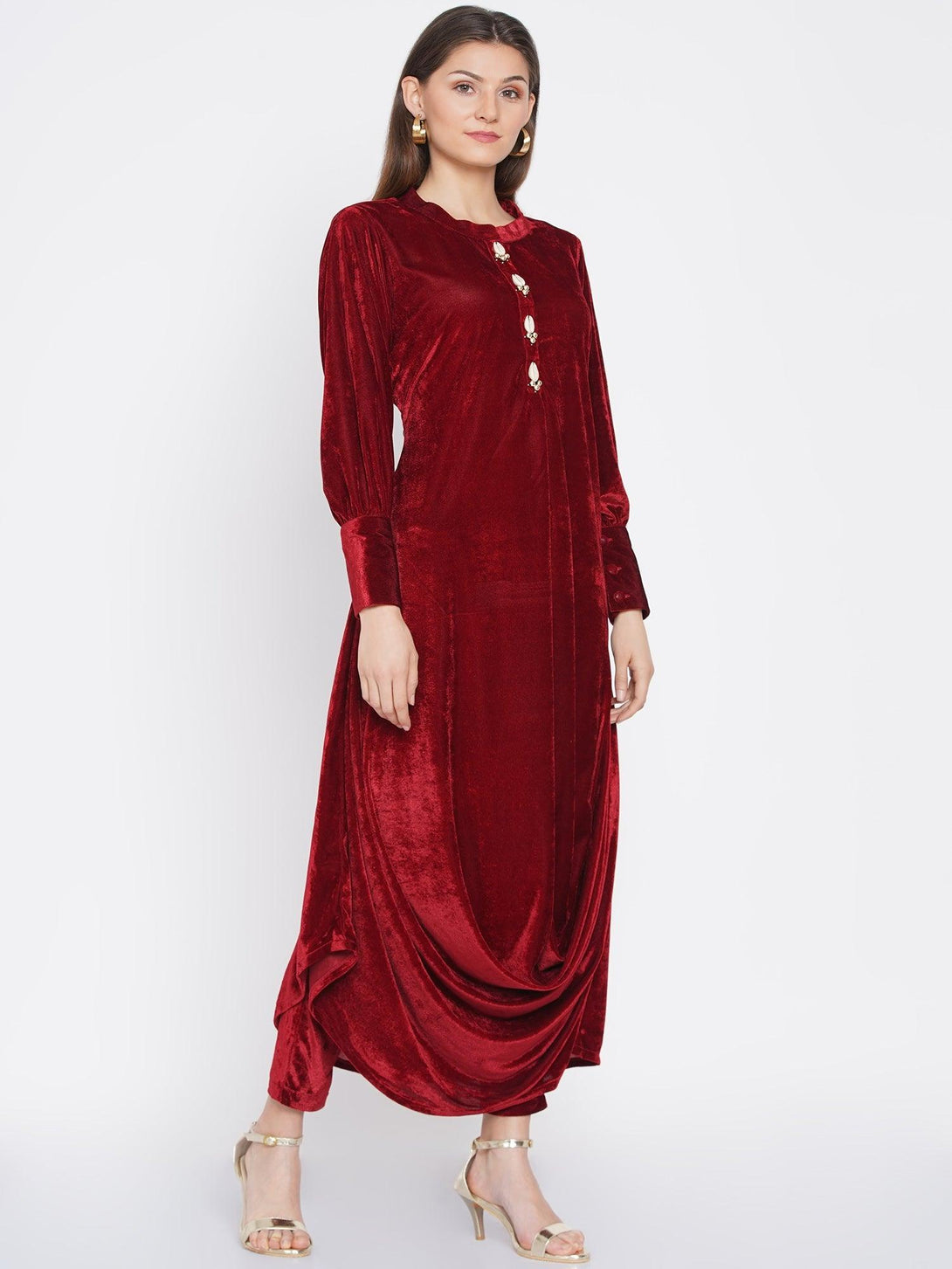 Women's Maroon Velvet Cowl style kurta with pants - Women Republic - Indiakreations