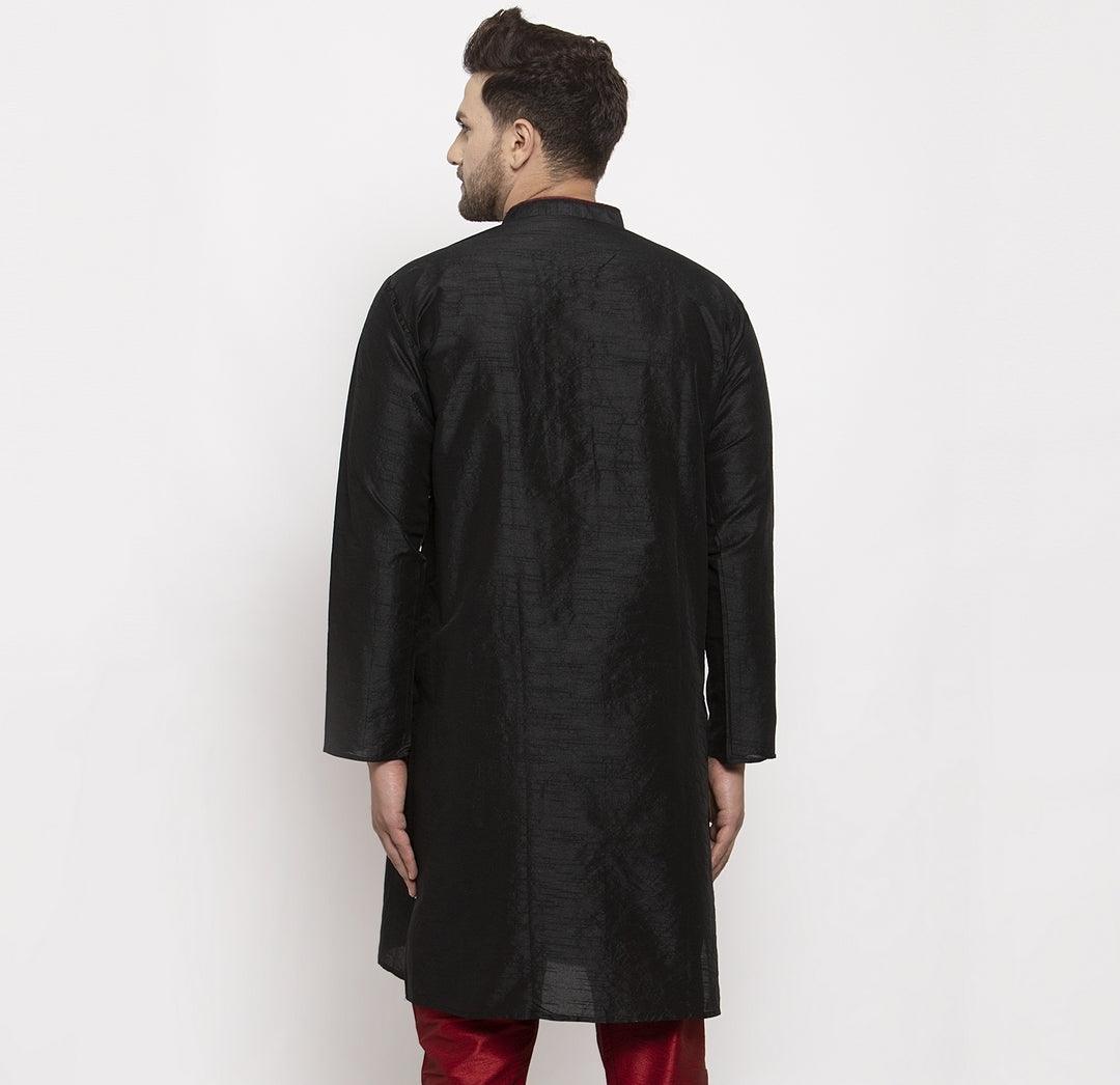 Men's Silk Blend Black Straight Long Kurta - Benstoke - Indiakreations