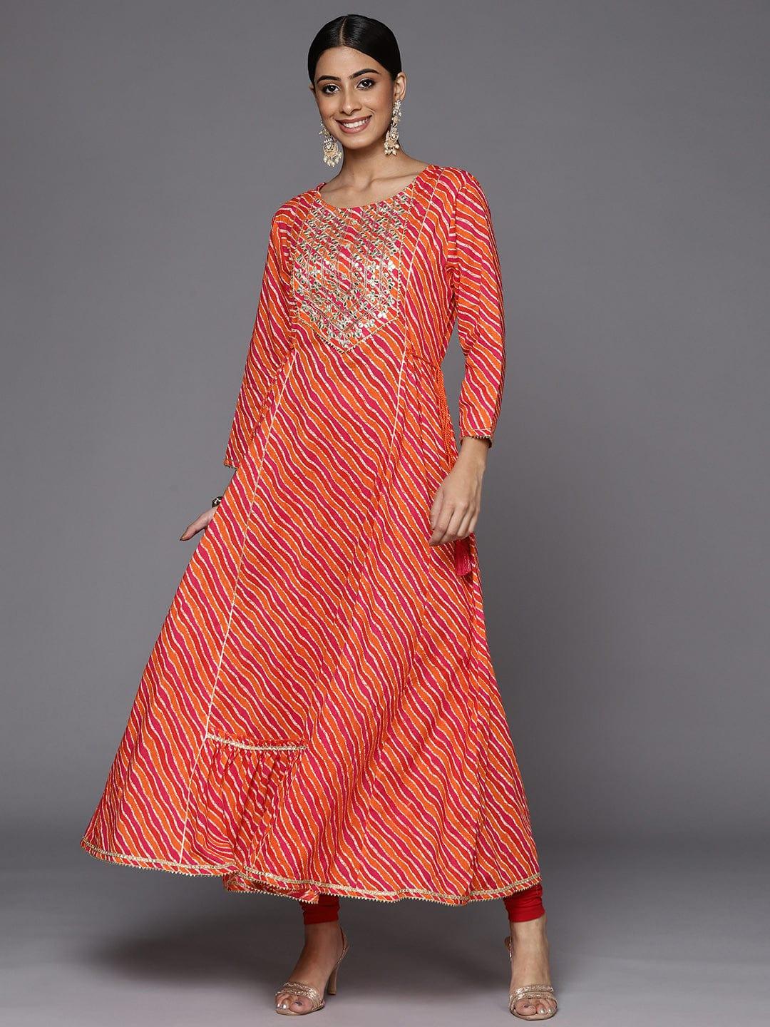 Varanga Women Orange & Pink Leheriya Printed Gotta Patti Cotton Anarkali Kurta - Indiakreations