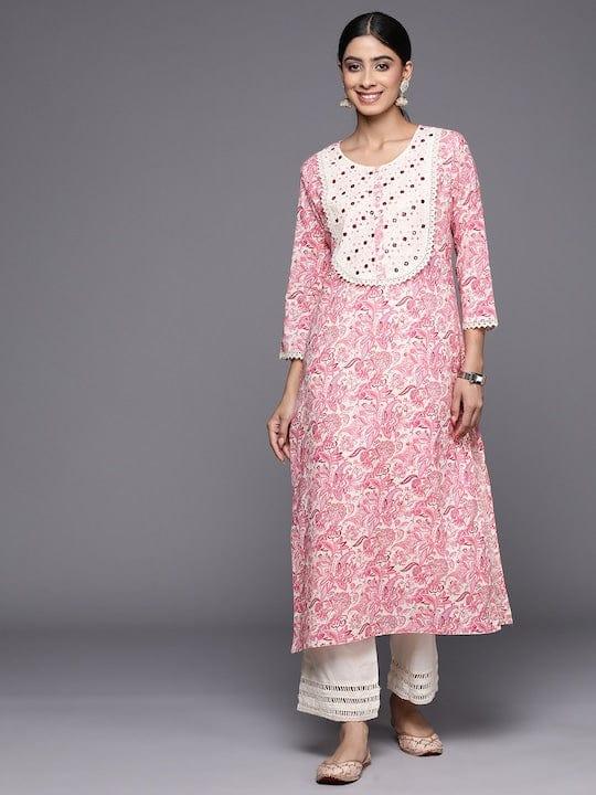 Varanga Floral Printed Mirror Work Kurta - Indiakreations