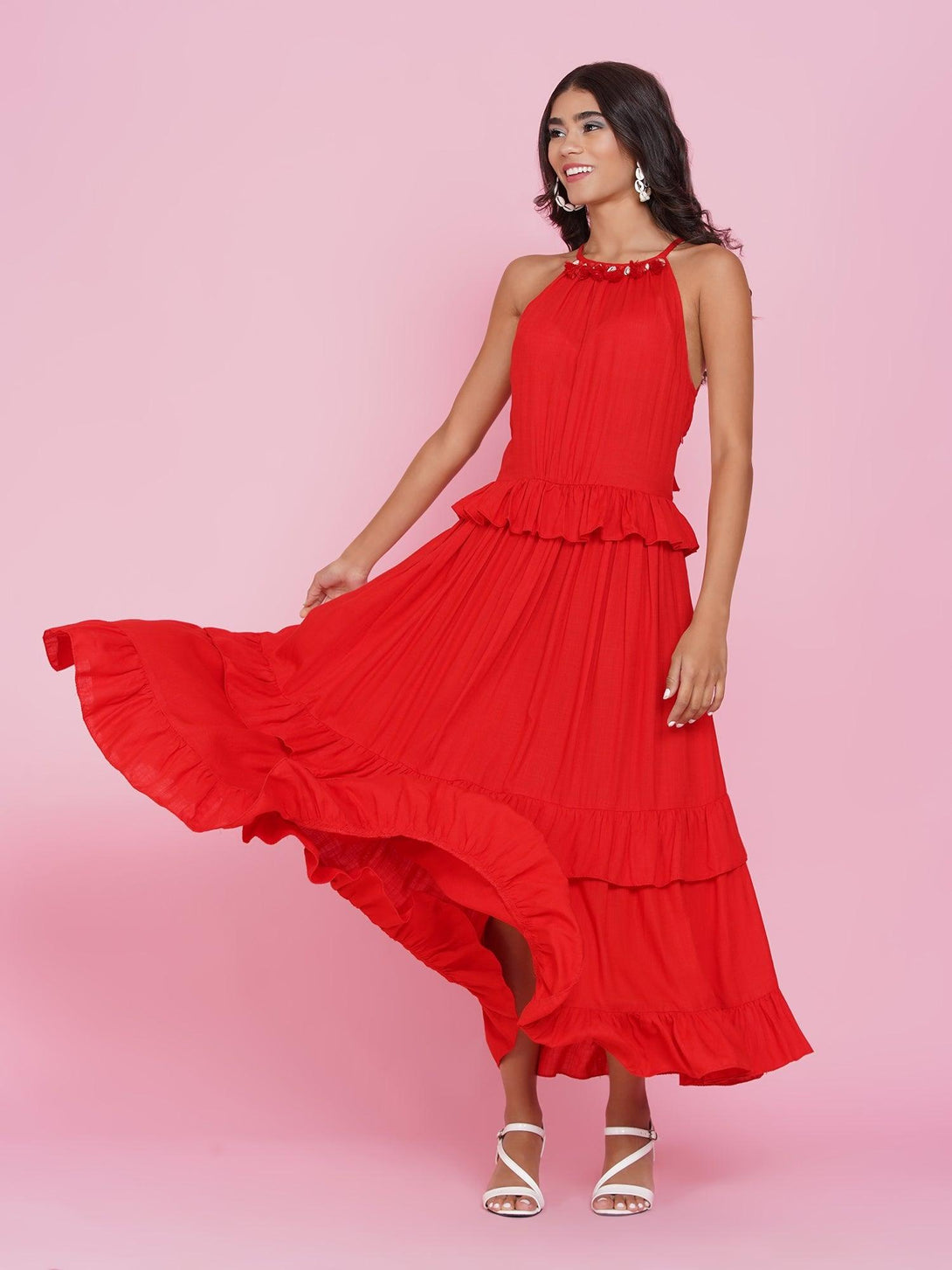 Women's Red Tiered Rayon Dress - Women Republic - Indiakreations