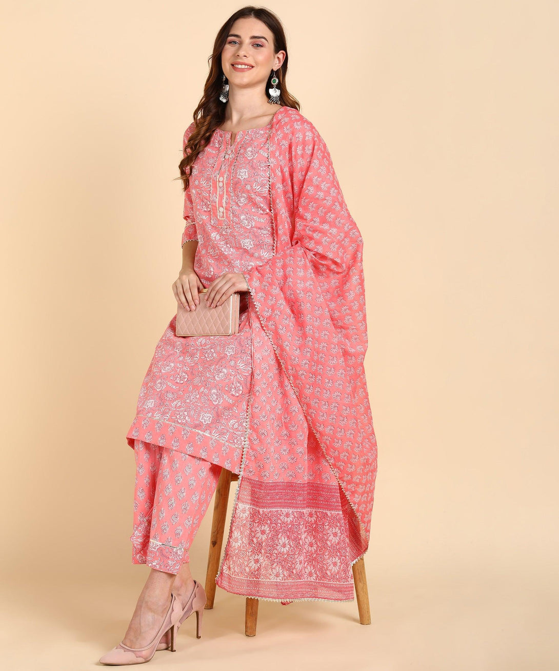 Women's Cotton Peachprinted Kurta Pant With Dupatta - Noz2Toz - Indiakreations