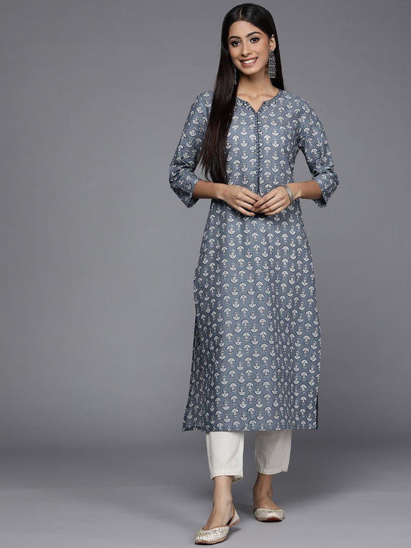 Varanga Women Grey & White Floral Printed Cotton Kurta - Indiakreations