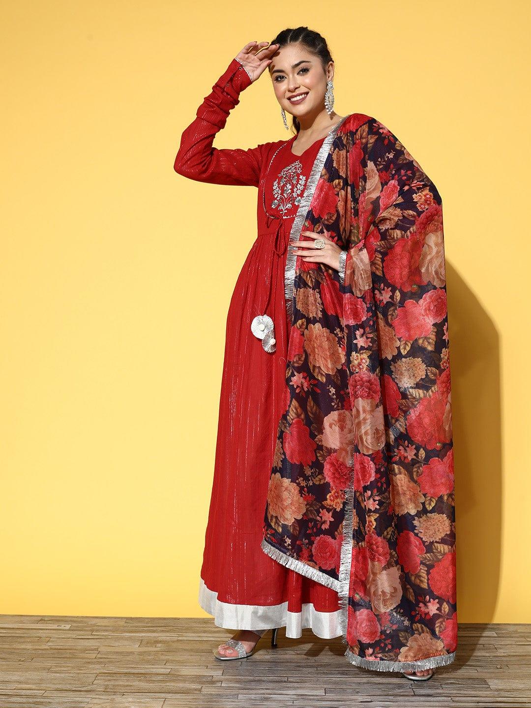 Varanga Women Red & Silver-Toned Embroidered Quirky Kurta - Indiakreations