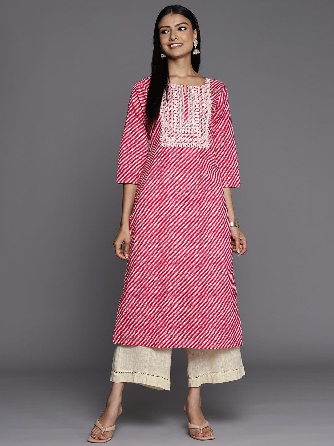 Varanga Women Pink Leheriya Striped Kurta - Indiakreations