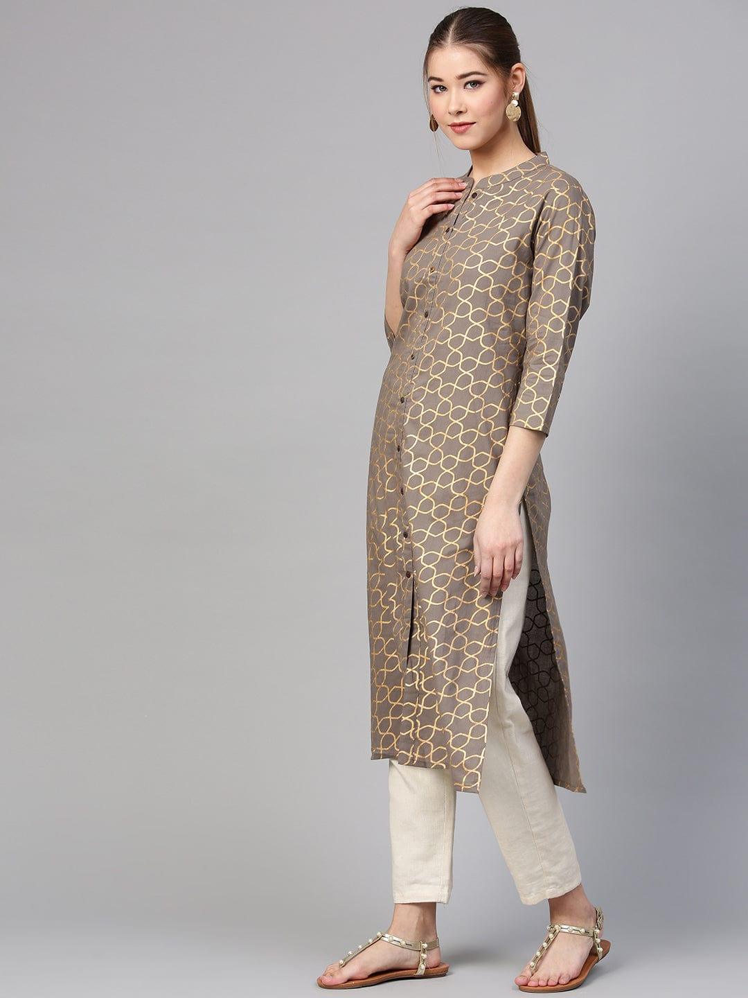 Varanga Women Grey & Golden Printed Straight Kurta - Indiakreations