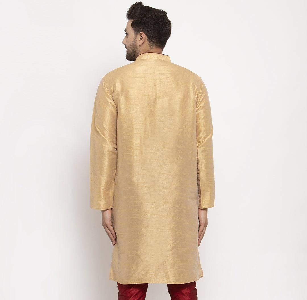 Men's Silk Blend Gold Straight Long Kurta - Benstoke - Indiakreations