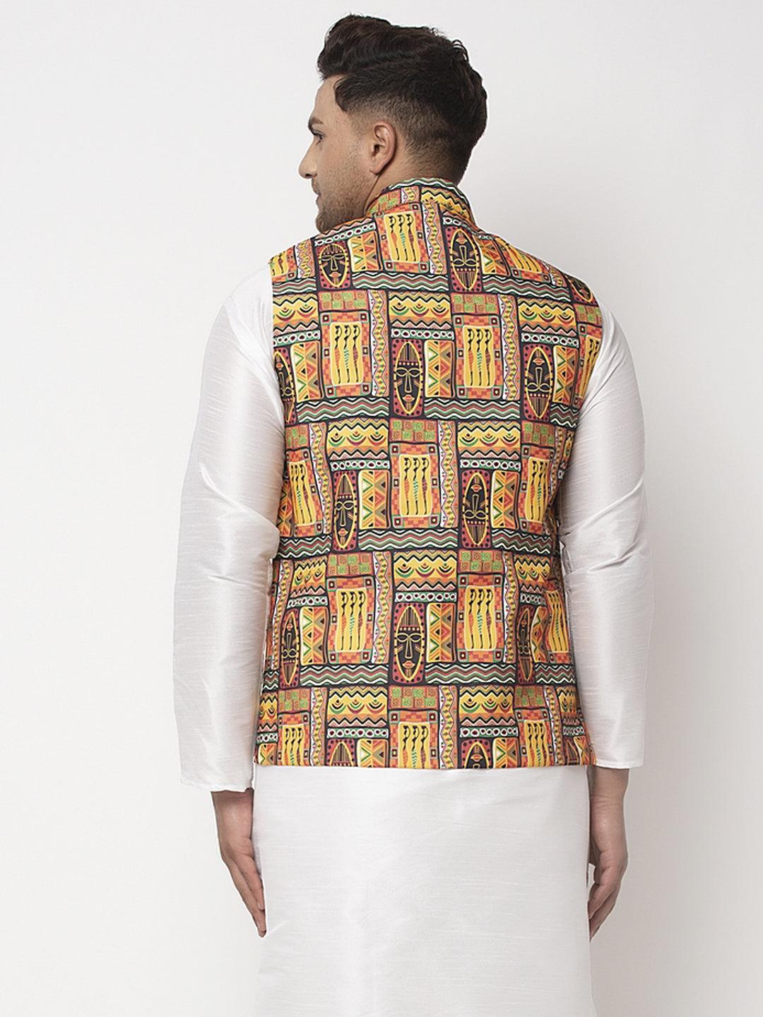 Men's Yellow & Black Printed Nehru Jacket - Benstoke - Indiakreations