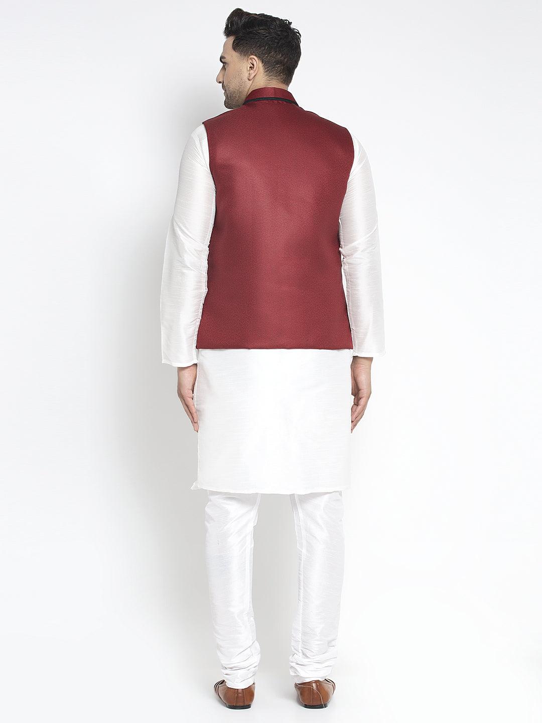 Men's Silk Blend White Kurta With Pyjama & Maroon Nehru Jacket - Benstoke - Indiakreations