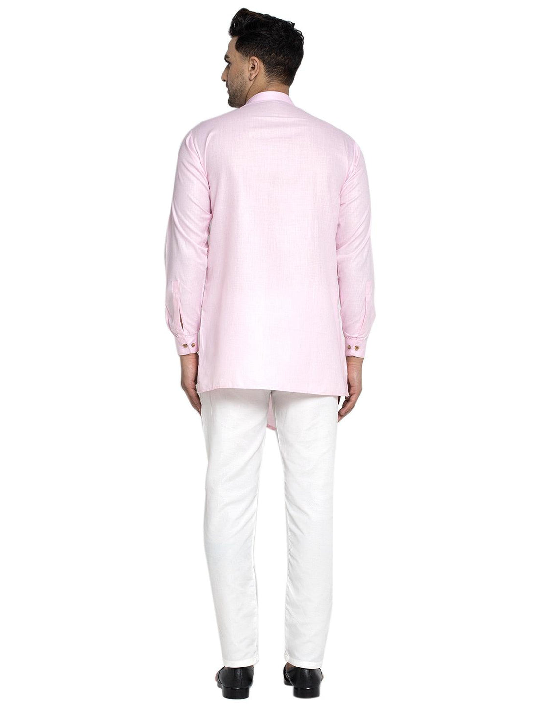 Men's Cotton Pink Asymmetric Solid Kurta With White Trousers - Benstoke - Indiakreations