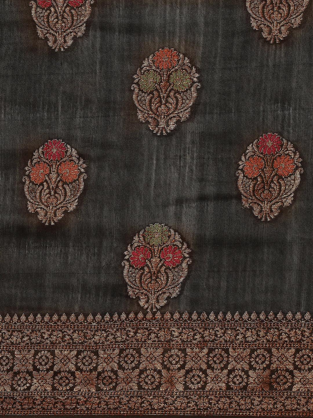 Women's Black Pure Muga Silk Saree - Varanasi - Indiakreations