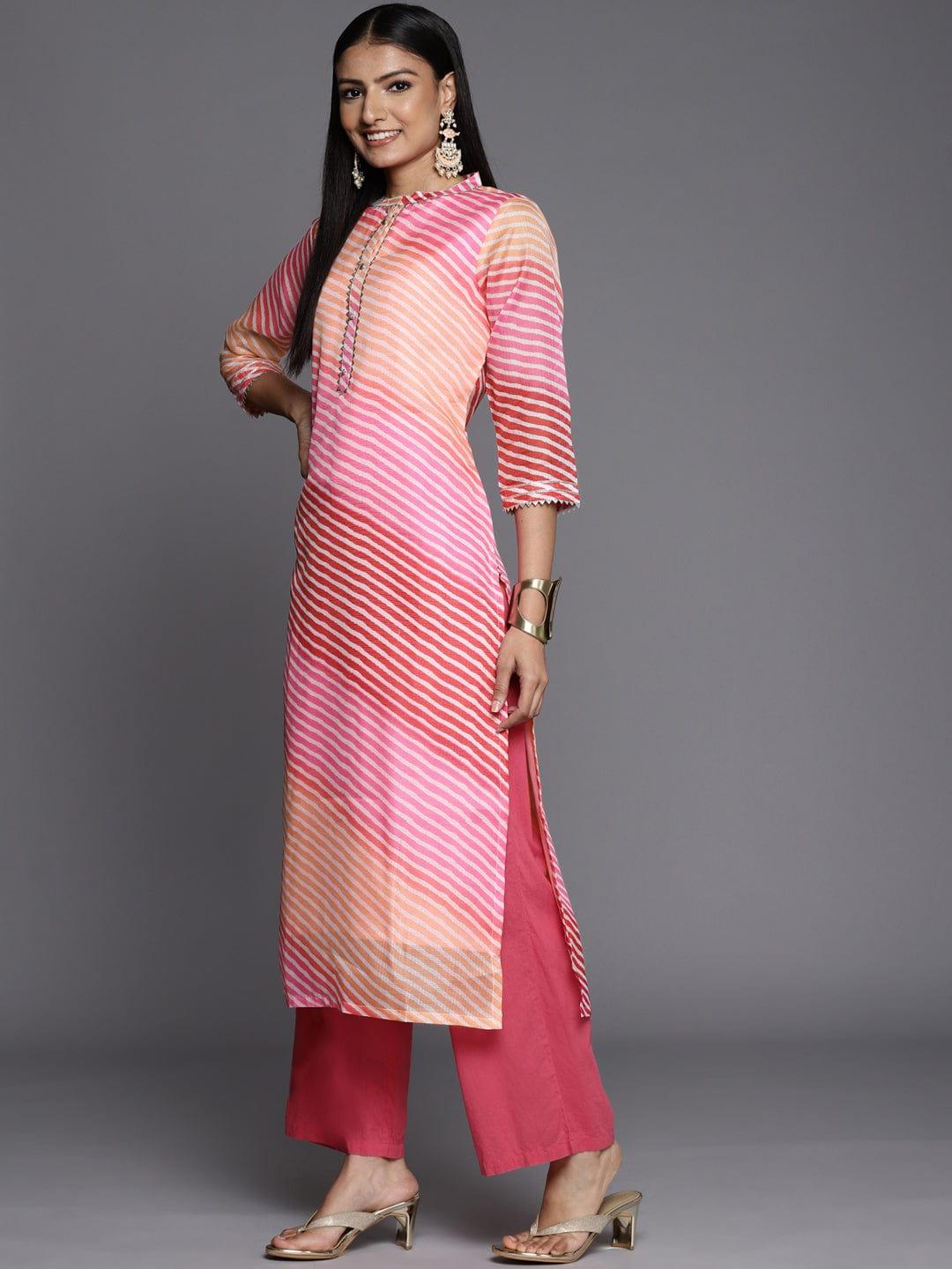 Varanga Women Pink & Orange Leheriya Printed Gotta Patti Chanderi Silk Kurta - Indiakreations