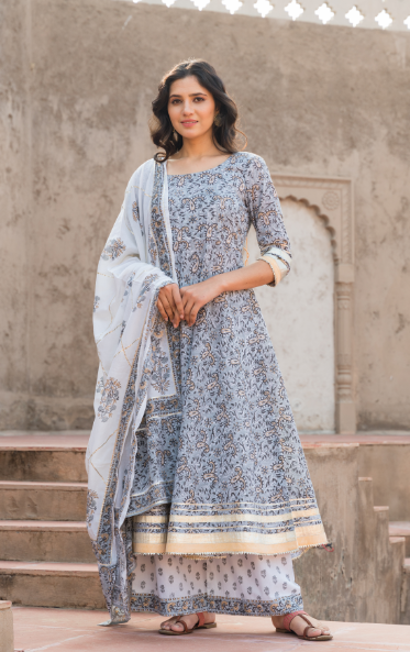 Women's Paisley Grey Kurta Dupatta Set