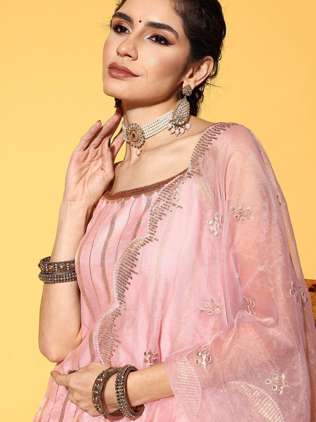 Varanga Women Peach-Coloured Striped Kurta with Sharara & Dupatta - Indiakreations