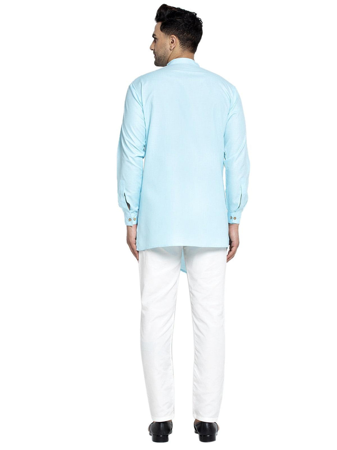 Men's Cotton Sky Blue Asymmetric Solid Kurta With White Trousers - Benstoke - Indiakreations