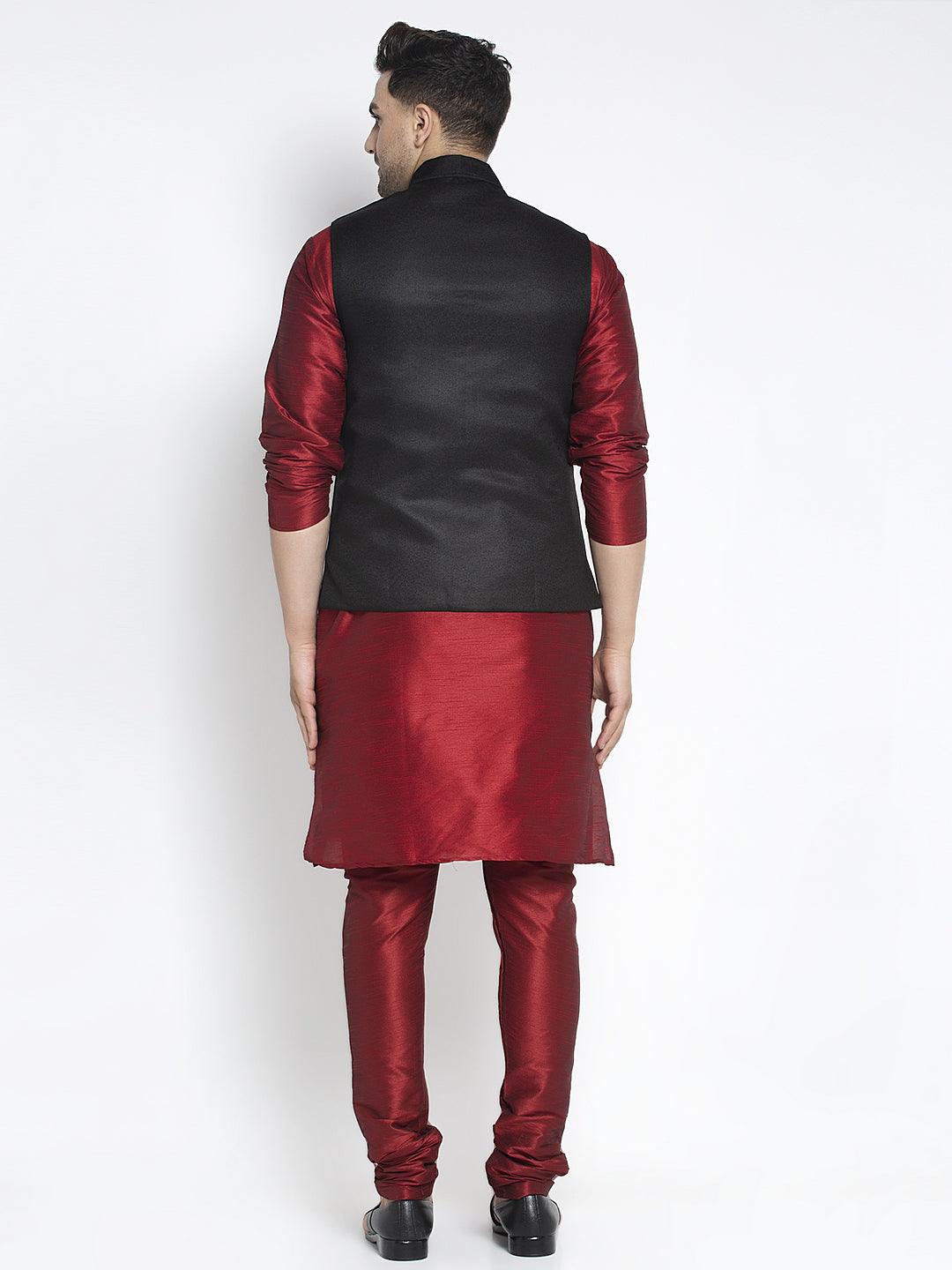 Men's Silk Blend Maroon Kurta With Pyjama & Black Nehru Jacket - Benstoke - Indiakreations