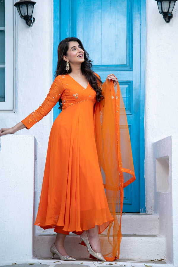 Women's Orange Anarkali Set - Label Shaurya Sanadhya