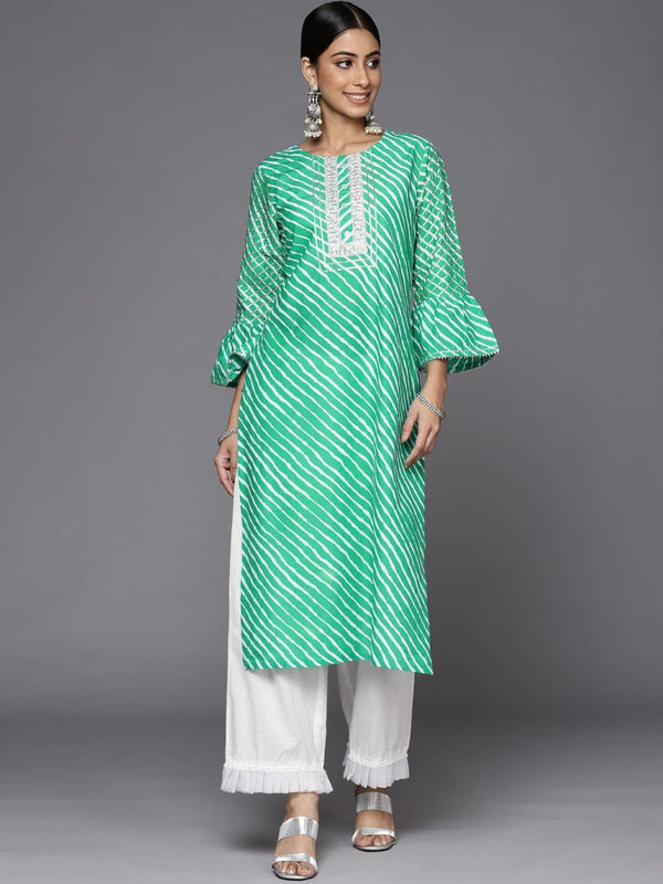 Varanga Women Green & White Leheriya Printed Bell Sleeves Gotta Patti Kurta - Indiakreations