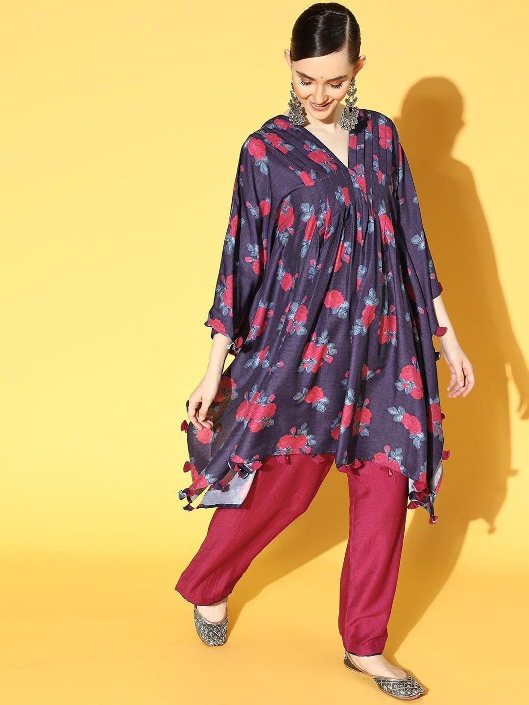 Blue Floral Printed Pleated And Tassel Embelished Kaftan With Silk Trouser - Indiakreations