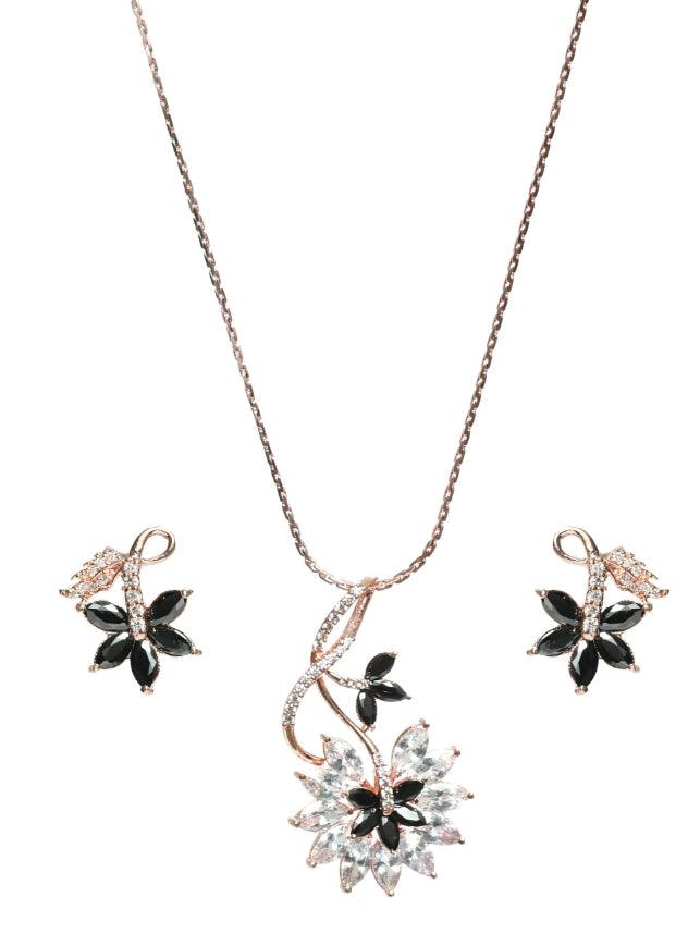 Women's Black American Diamond Rose Gold Pendant & Earring Set - Jazz And Sizzle - Indiakreations