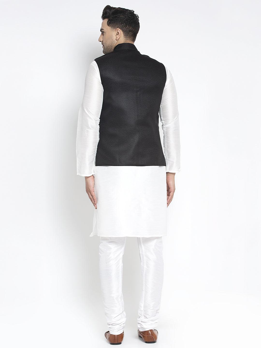 Men's Silk Blend White Kurta With Pyjama & Black Nehru Jacket - Benstoke - Indiakreations