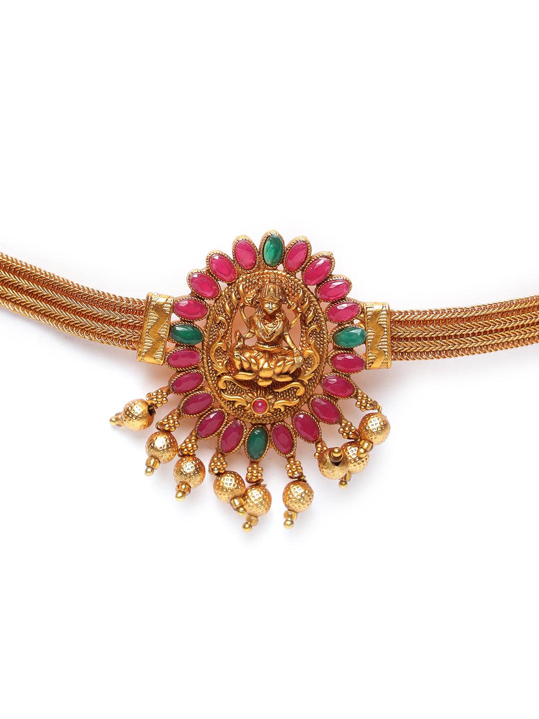 Women's Gold-Plated Pink & Green Stone-Studded & Beaded Handcrafted Jewellery Set - Jazz and Sizzle - Indiakreations