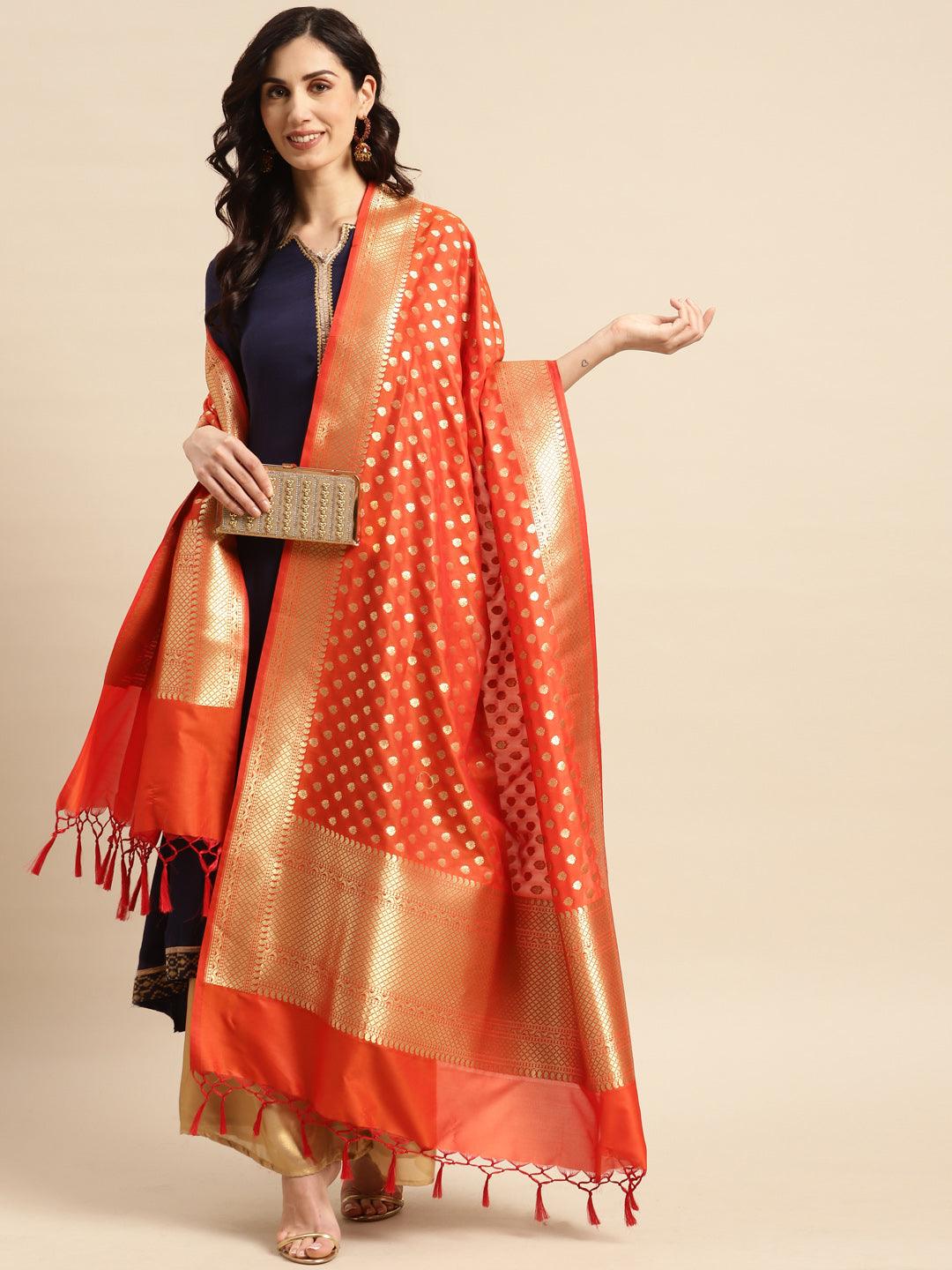 Women's Orange Color Ethnic Motifs Woven Design Dupatta With Zari - Varanasi - Indiakreations