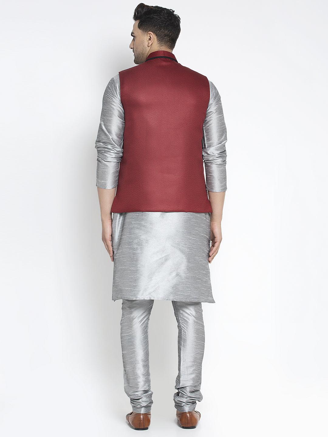 Men's Silk Blend Grey Kurta With Pyjama & Maroon Nehru Jacket - Benstoke - Indiakreations