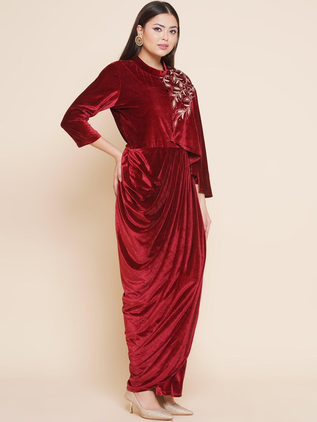 Women's Maroon Velvet Drape Styel Gown - Women Republic - Indiakreations