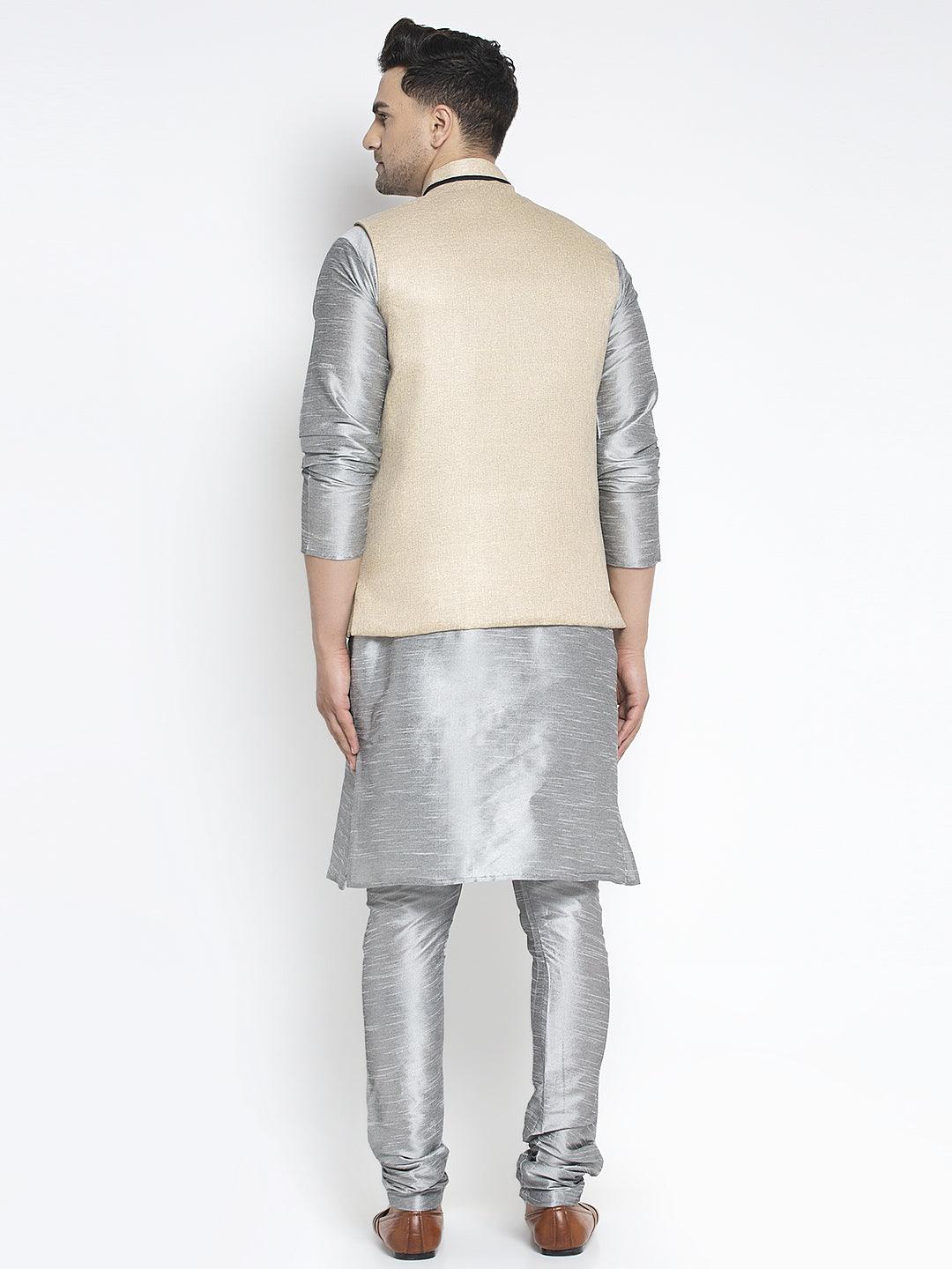 Men's Silk Blend Grey Kurta With Pyjama & Beige Nehru Jacket - Benstoke - Indiakreations