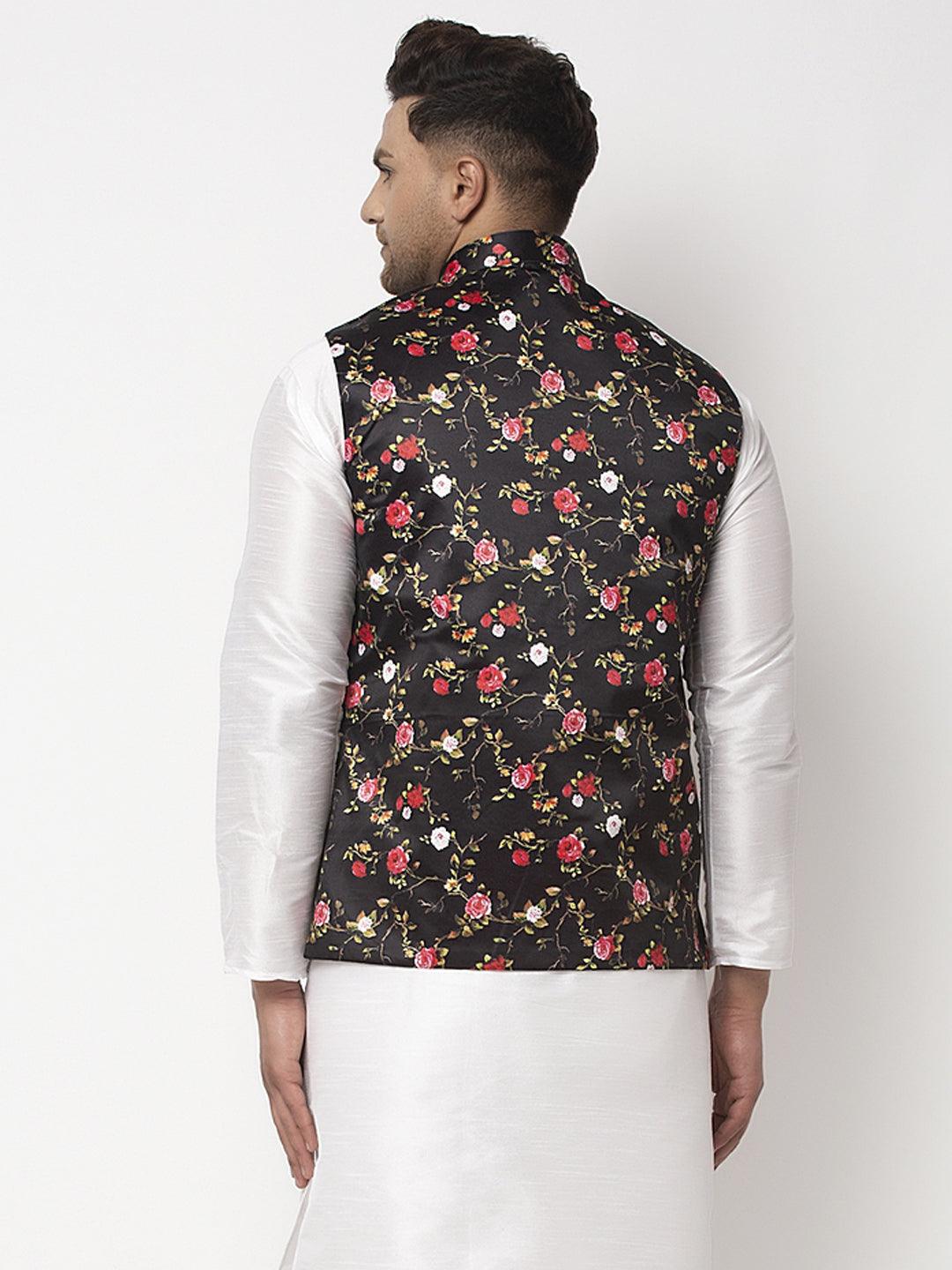 Men's Black & Multi Printed Nehru Jacket - Benstoke - Indiakreations