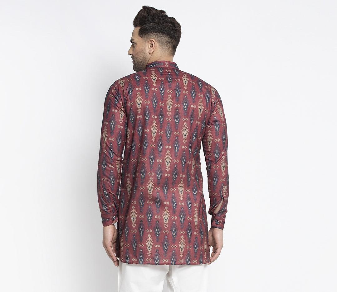 Men's Maroon & Navy Blue Asymmetric Printed Short Kurta - Benstoke - Indiakreations