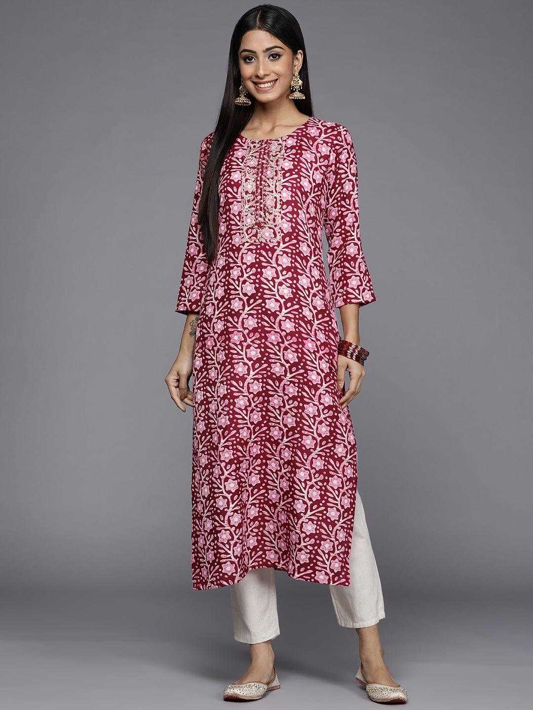 Varanga Women Maroon & Pink Floral Printed Gotta Patti Kurta - Indiakreations