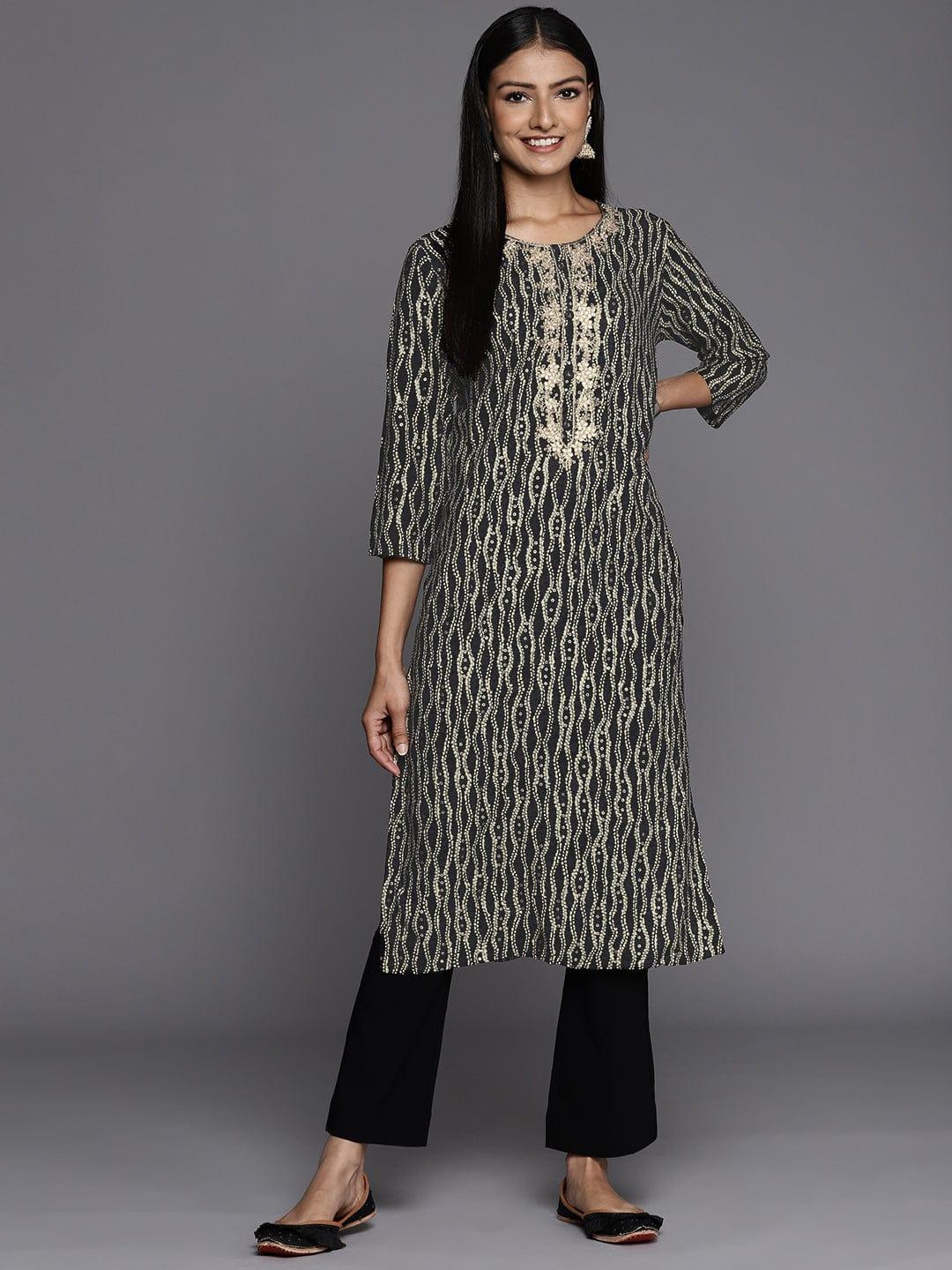 Varanga Women Black & Gold-Toned Floral Gotta Patti Kurta - Indiakreations