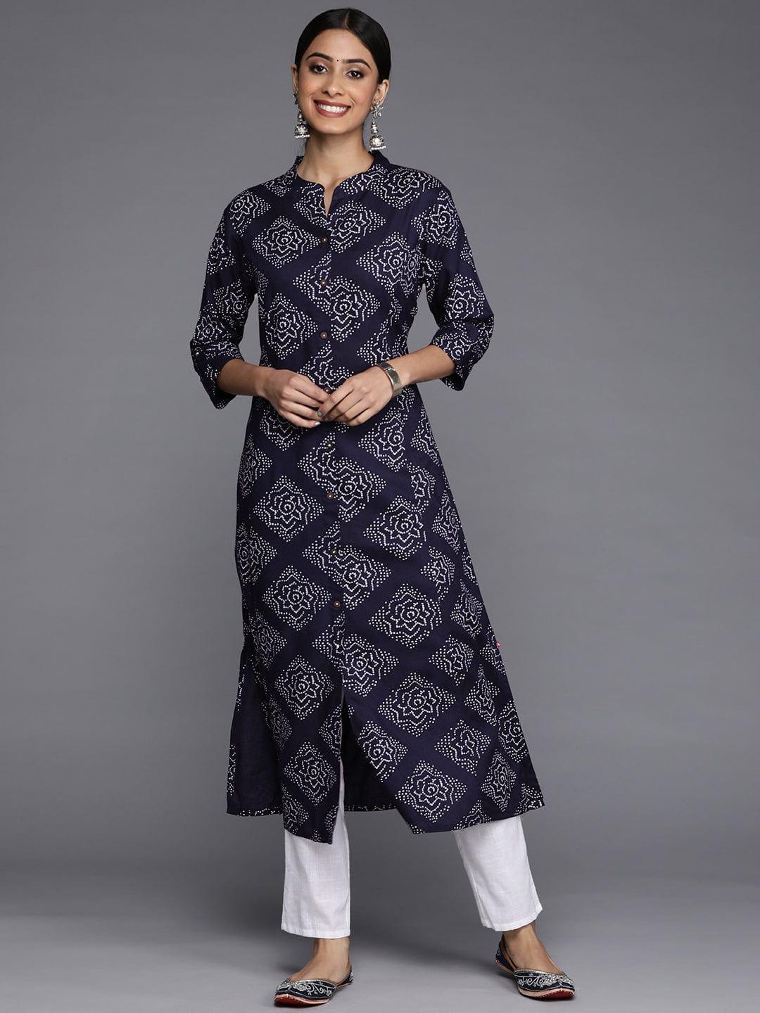 Varanga Women Navy Blue & White Ethnic Motifs Printed Indigo Kurta - Indiakreations