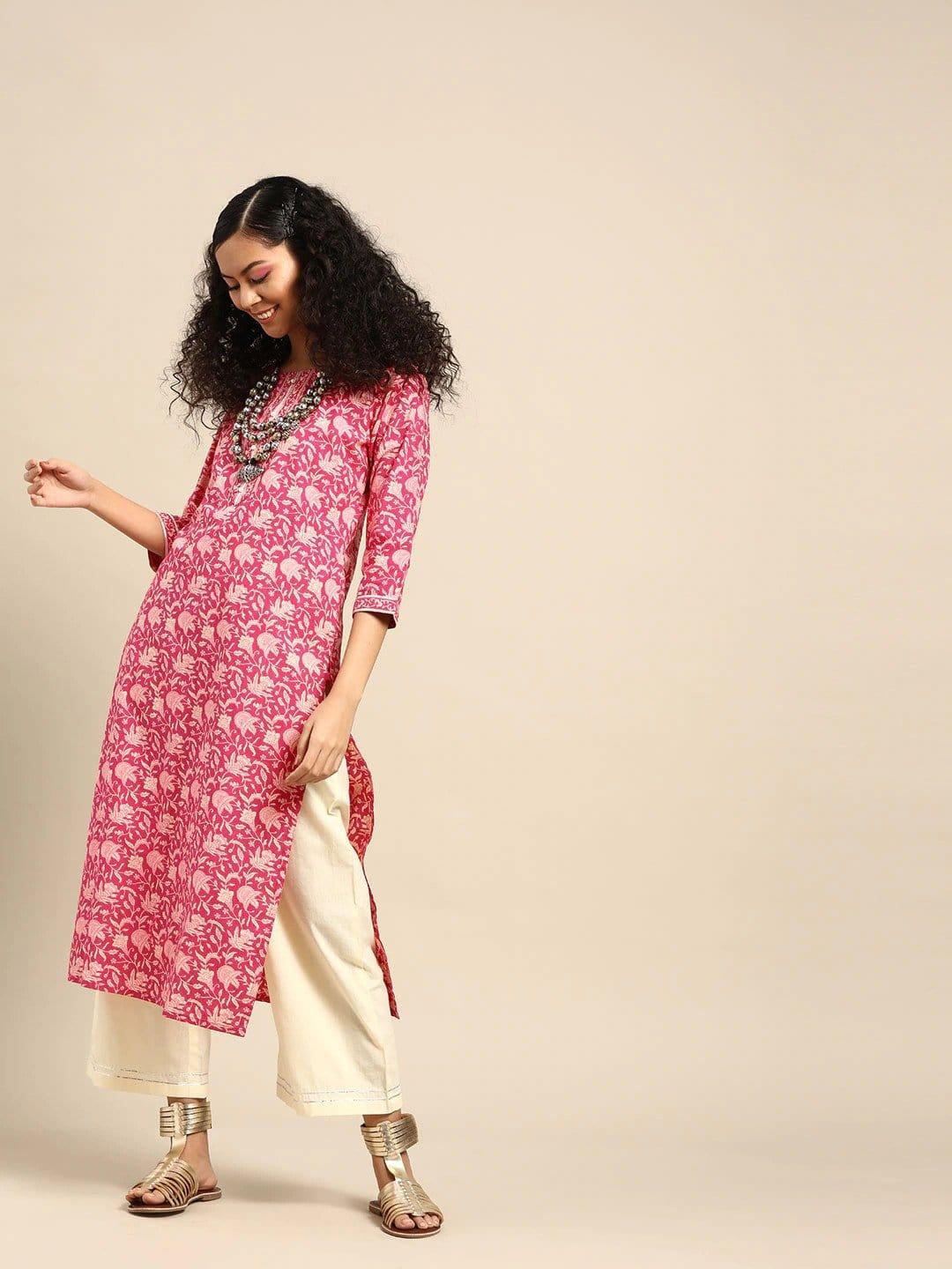 Pink & Cream-Coloured Printed Kurta with Trousers - Indiakreations